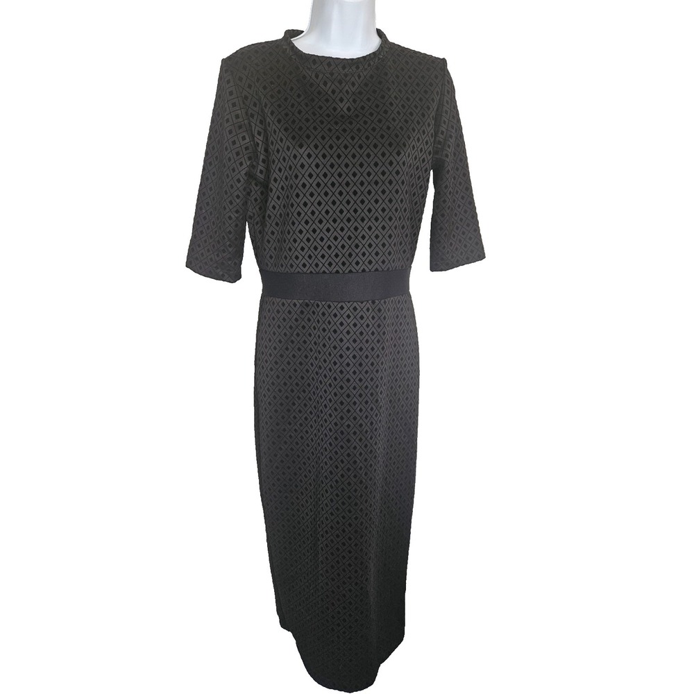 LOFT 324 Womens Large Black Flocked Midi Dress Geometric USA Classic Work Wear